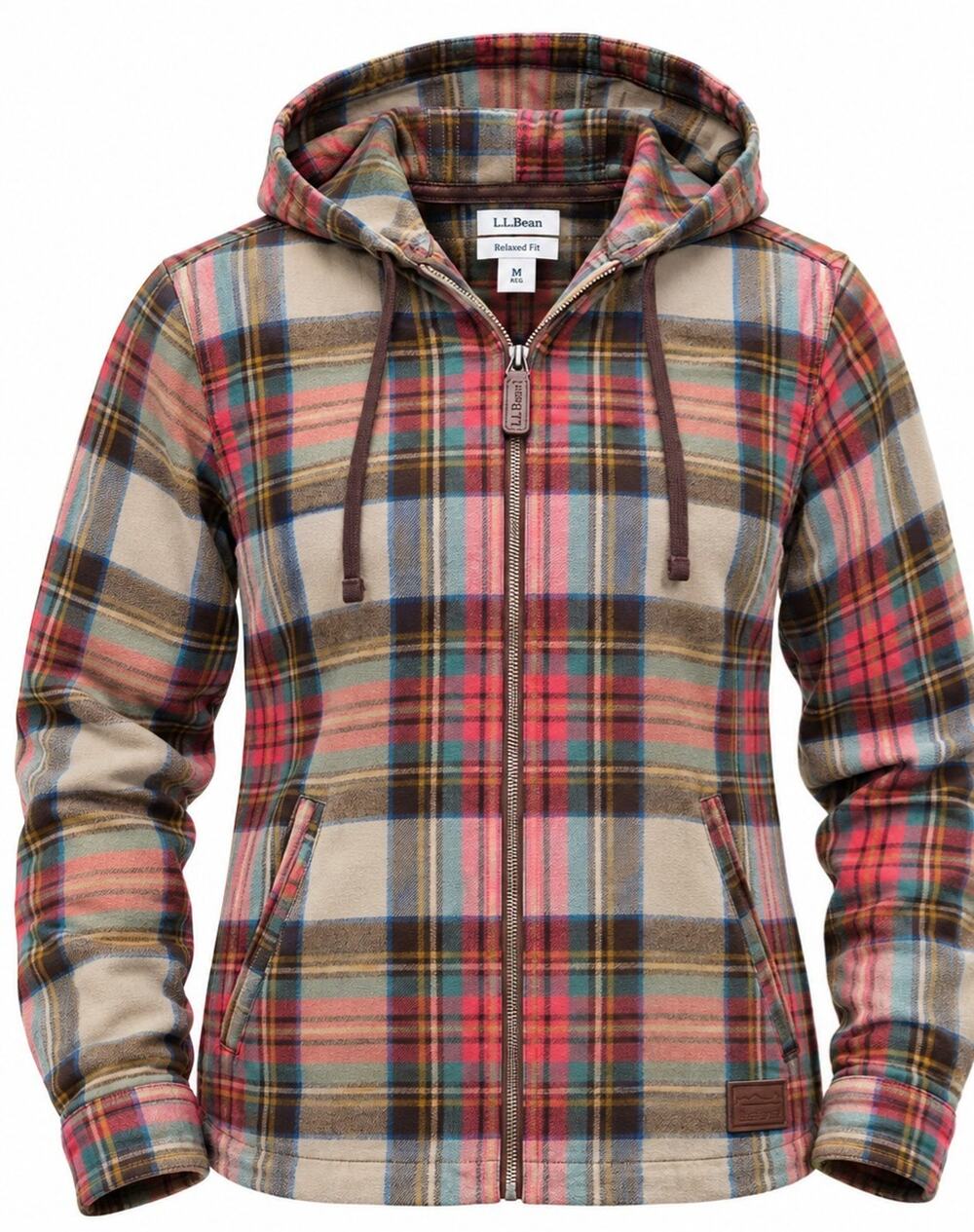 L.L.Bean Women’s M Relaxed Fit Plaid Hooded Flannel Jacket Full Zip Multicolor